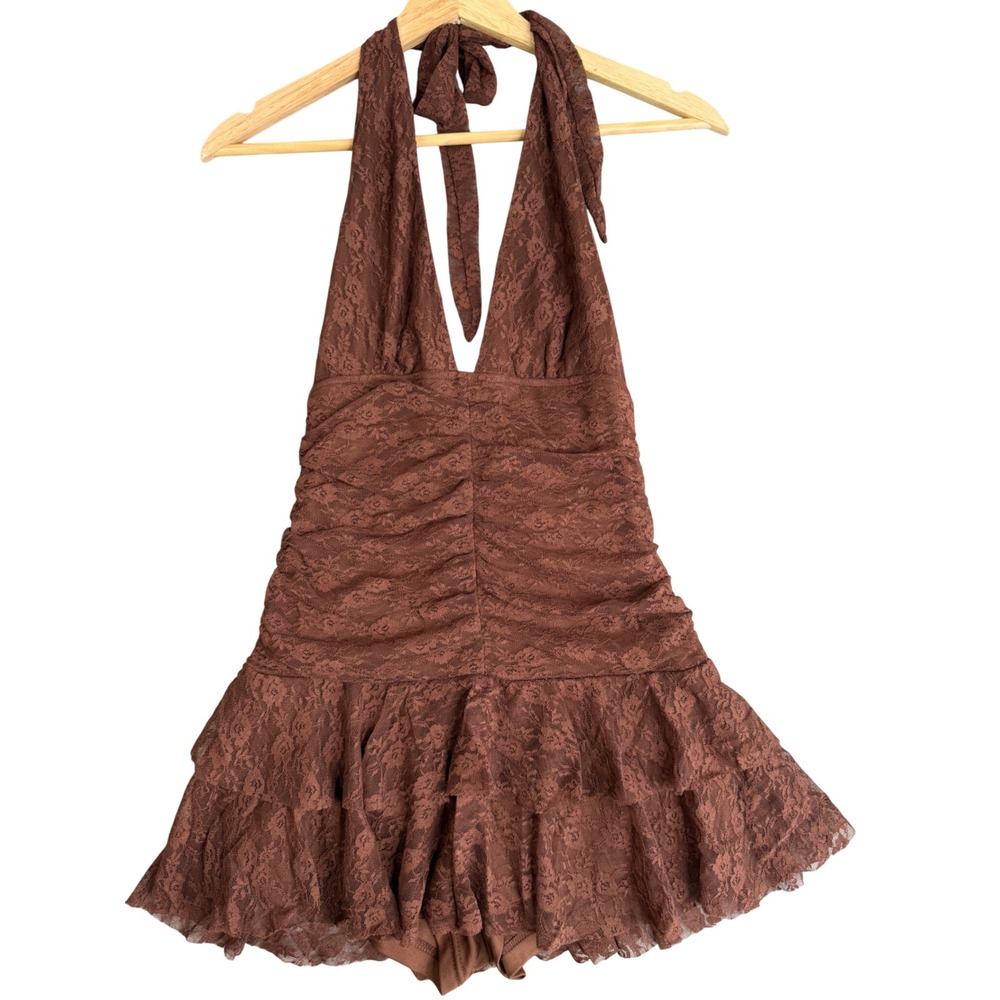 Boho Fairy Lace Romper Womens M Brown Halter Ruffle Ruched Skort Mini Dress